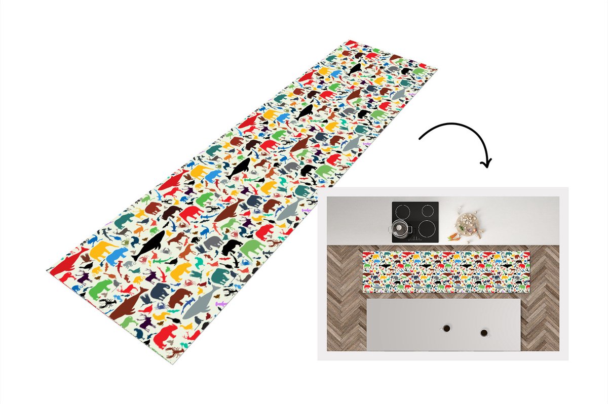KitchenYeah Keukenloper - Loper keuken - Regenboog - Dieren - Patronen - Kinderen - 200x50 cm - Keukenloper vinyl Multicolor