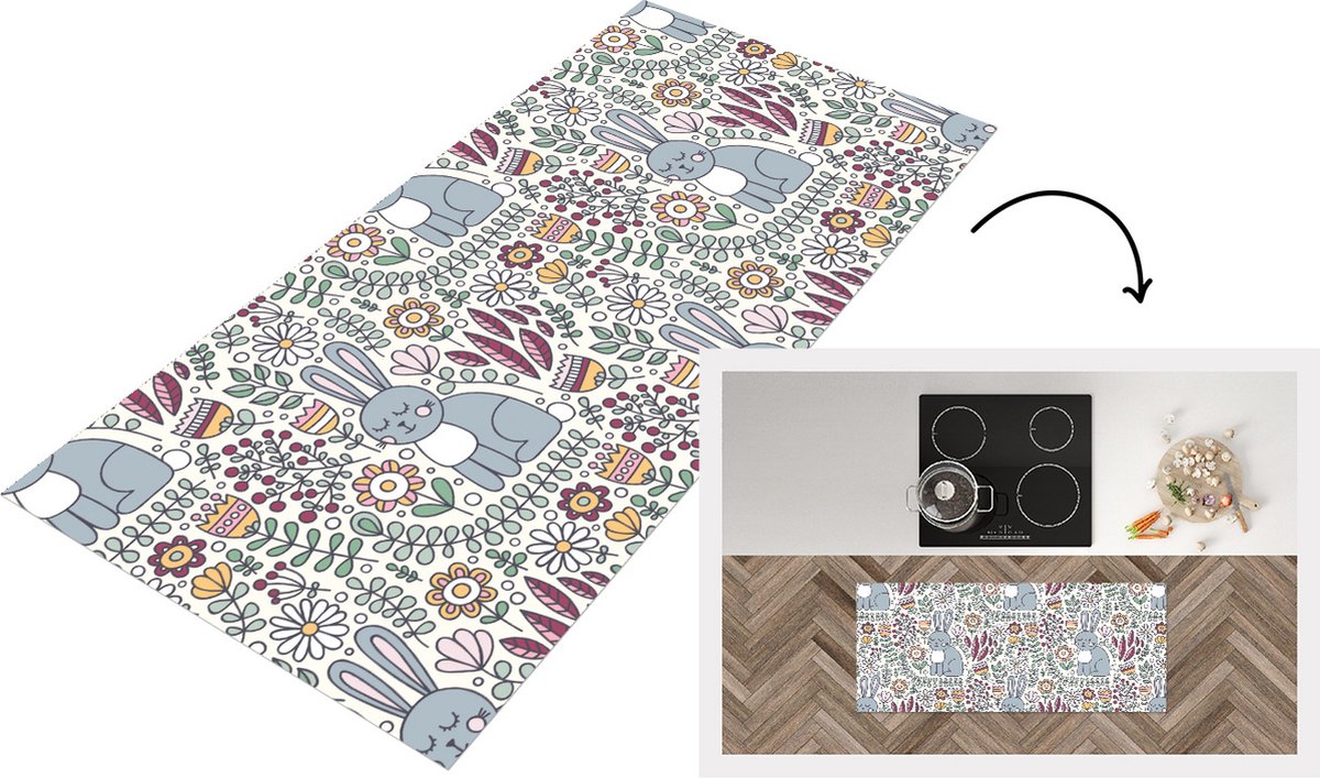 KitchenYeah Keukenloper - Loper keuken - Konijn - Bloemen - regenboog - Kinderen - Design - 120x50 cm - Keukenloper vinyl Multicolor