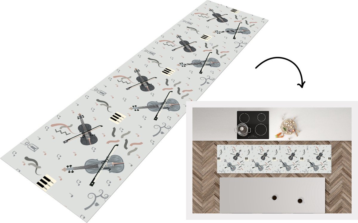 KitchenYeah Keukenloper - Loper keuken - Patroon - Muziek - Viool - 200x50 cm - Keukenloper vinyl Multicolor