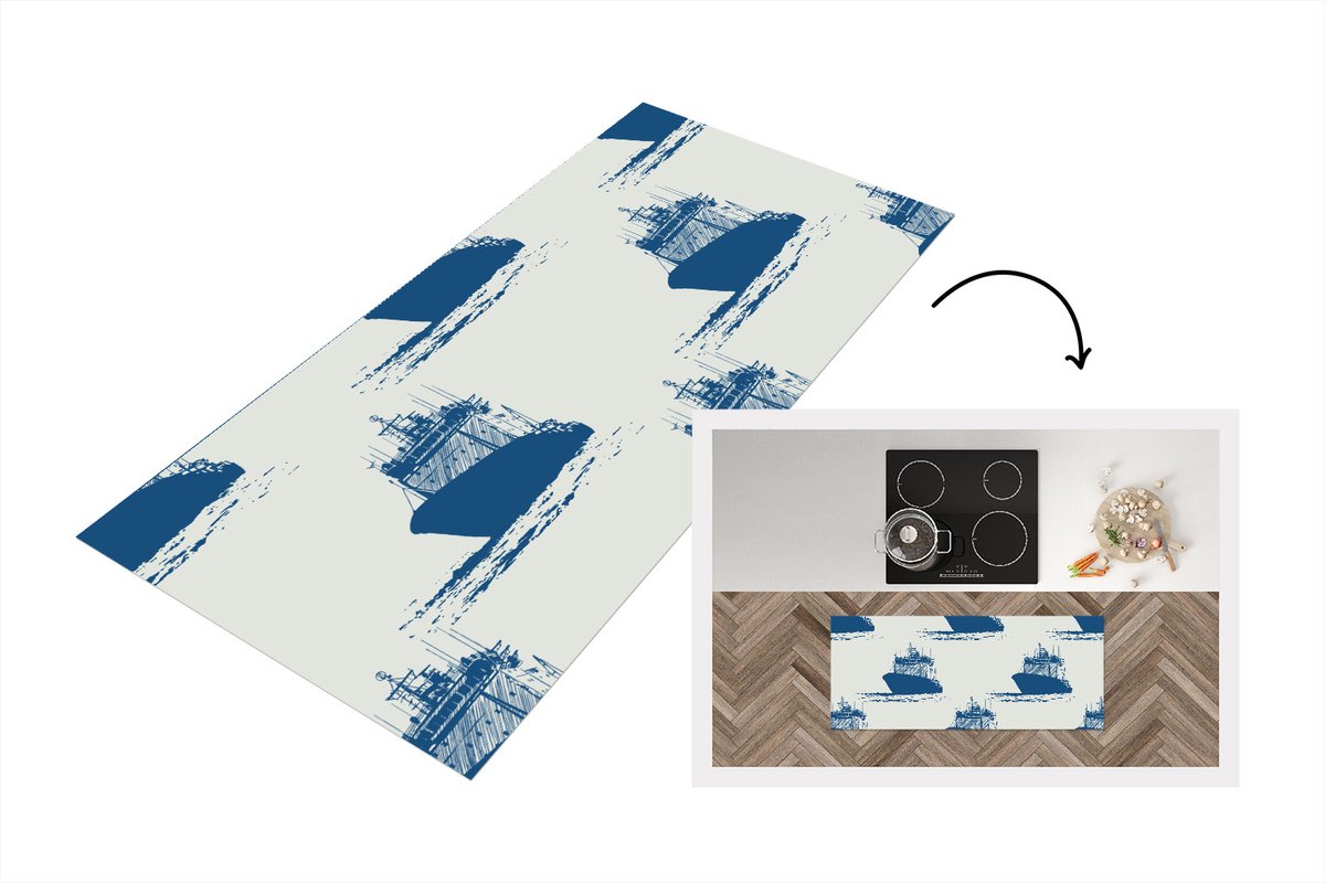 KitchenYeah Keukenloper - Loper keuken - Patronen - Water - Boot - 120x50 cm - Keukenloper vinyl Multicolor