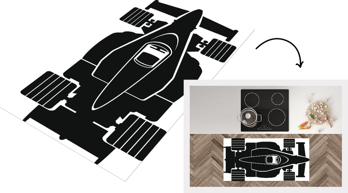 KitchenYeah Keukenloper - Loper keuken - De bovenkant van een Formule 1 racewagen in een illustratie - 120x60 cm - Keukenloper vinyl Multicolor