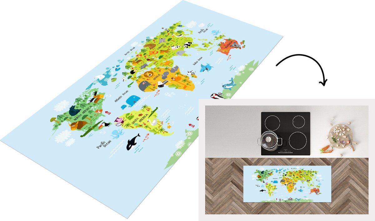 KitchenYeah Keukenloper - Loper keuken - Wereldkaart Kinderen - Dieren - Kleuren - 120x50 cm - Keukenloper vinyl Multicolor