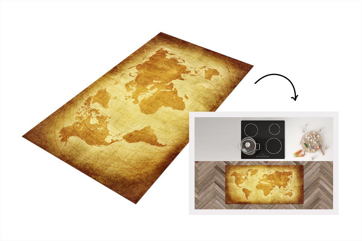 KitchenYeah Keukenloper - Loper keuken - Wereldkaart - Vintage - Bruin - 120x60 cm - Keukenloper vinyl Multicolor