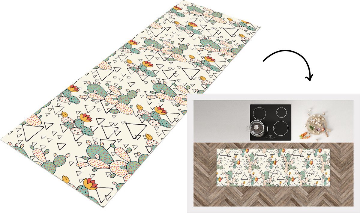 KitchenYeah Keukenloper - Loper keuken - Patroon - Cactus - Driehoek - 150x50 cm - Keukenloper vinyl Multicolor