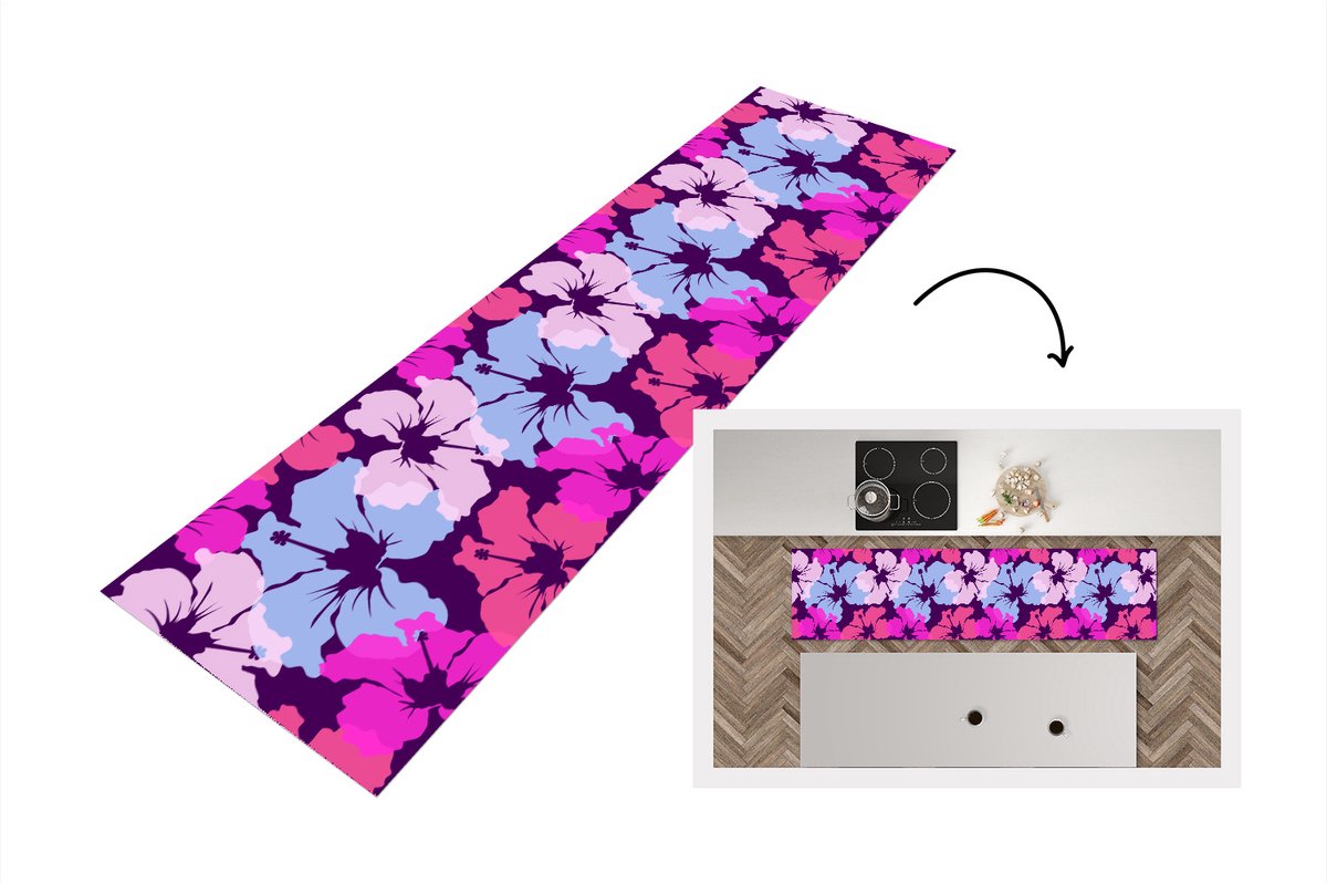 KitchenYeah Keukenloper - Loper keuken - Pastel - Hibiscus - Bloem - Hawaii - Design - 240x60 cm - Keukenloper vinyl Multicolor