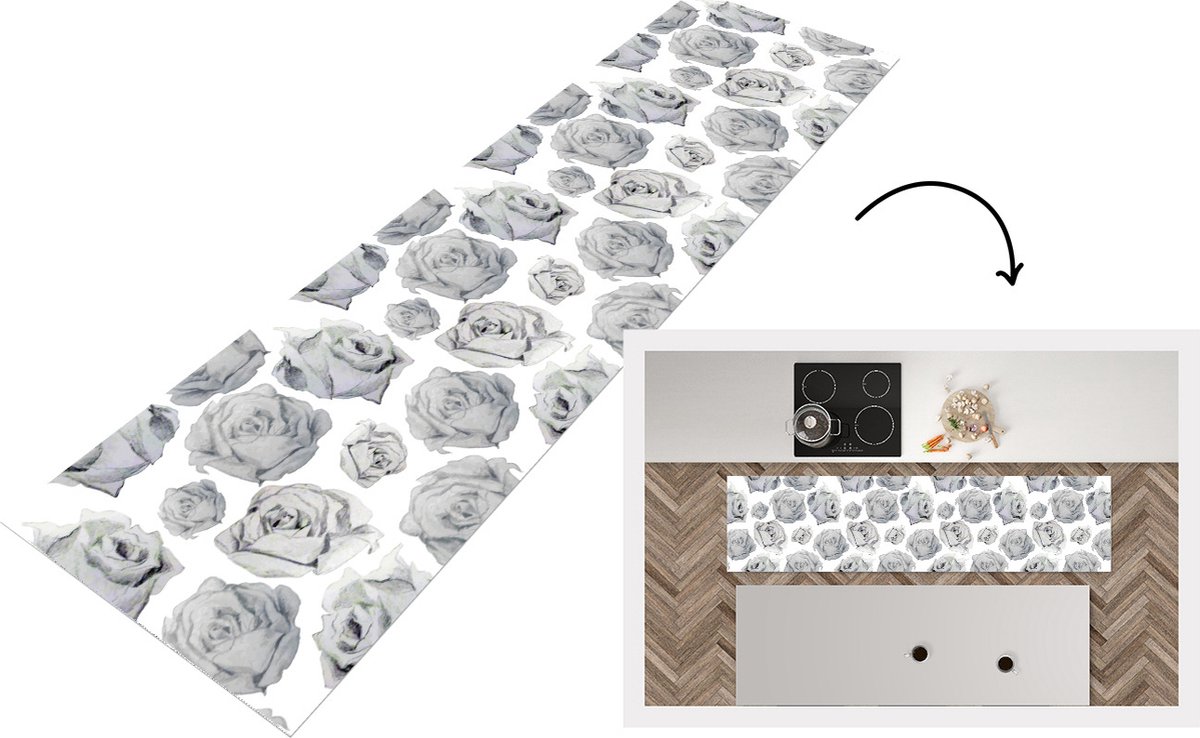 KitchenYeah Keukenloper - Loper keuken - Rozen - Bloem - Zwart Wit - Patroon - 200x50 cm - Keukenloper vinyl