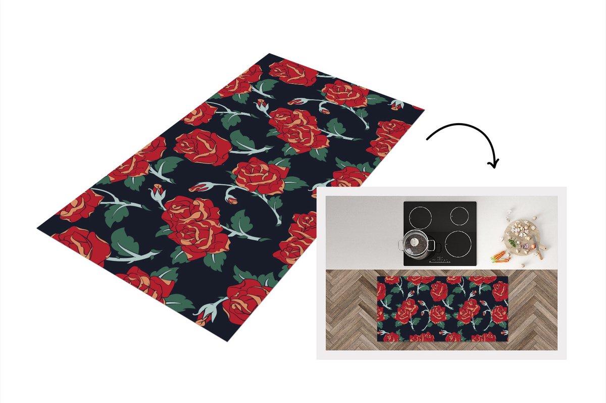KitchenYeah Keukenloper - Loper keuken - Rozen - Bloem - Patroon - Rood - 120x60 cm - Keukenloper vinyl Multicolor