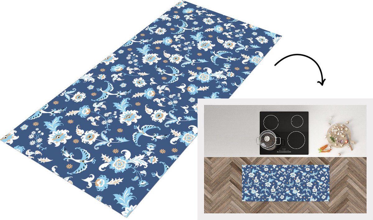 KitchenYeah Keukenloper - Loper keuken - Patroon - Vogel - Bloemen - 120x50 cm - Keukenloper vinyl Multicolor