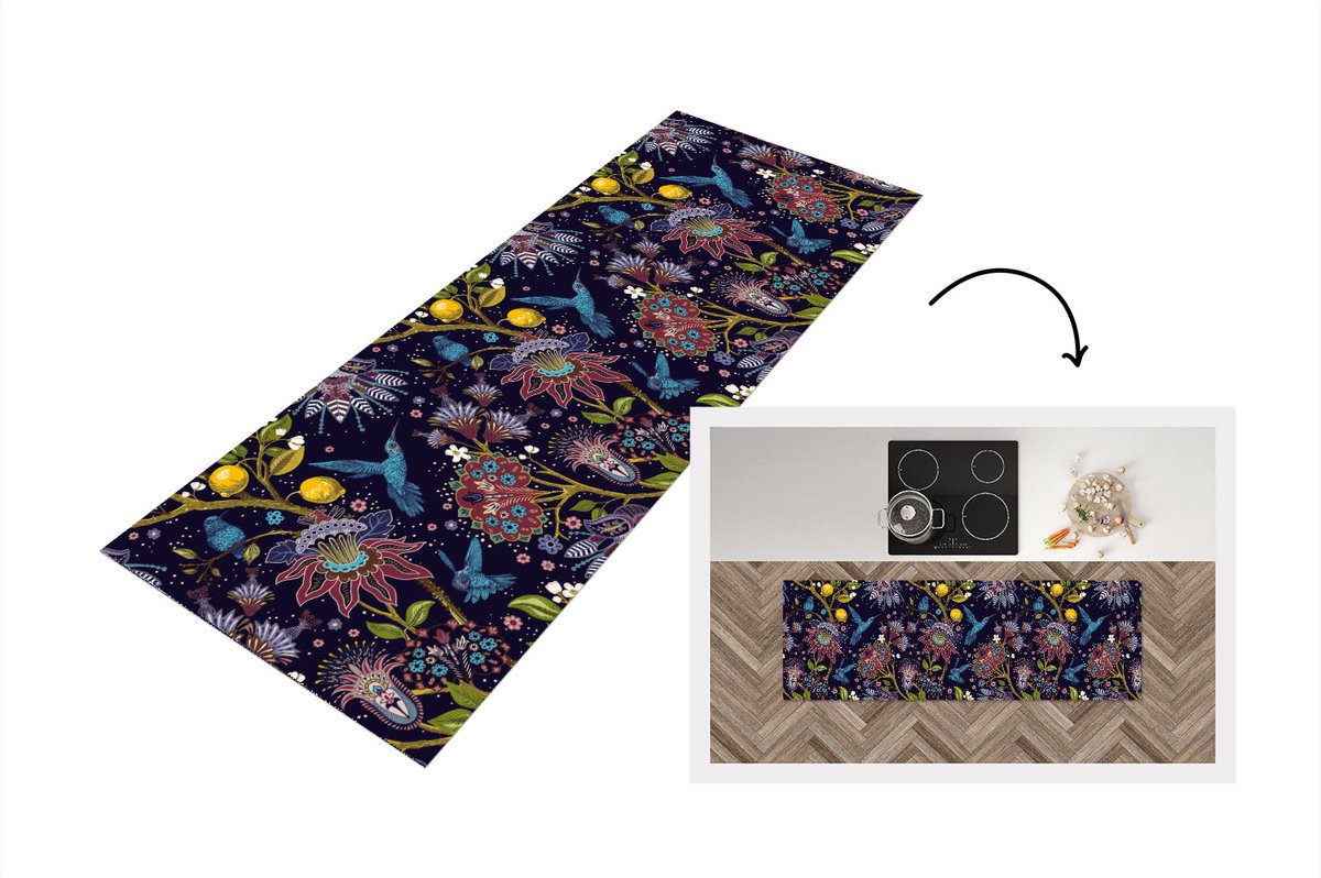 KitchenYeah Keukenloper - Loper keuken - Patronen - Vogel - Bloemen - 180x60 cm - Keukenloper vinyl Multicolor
