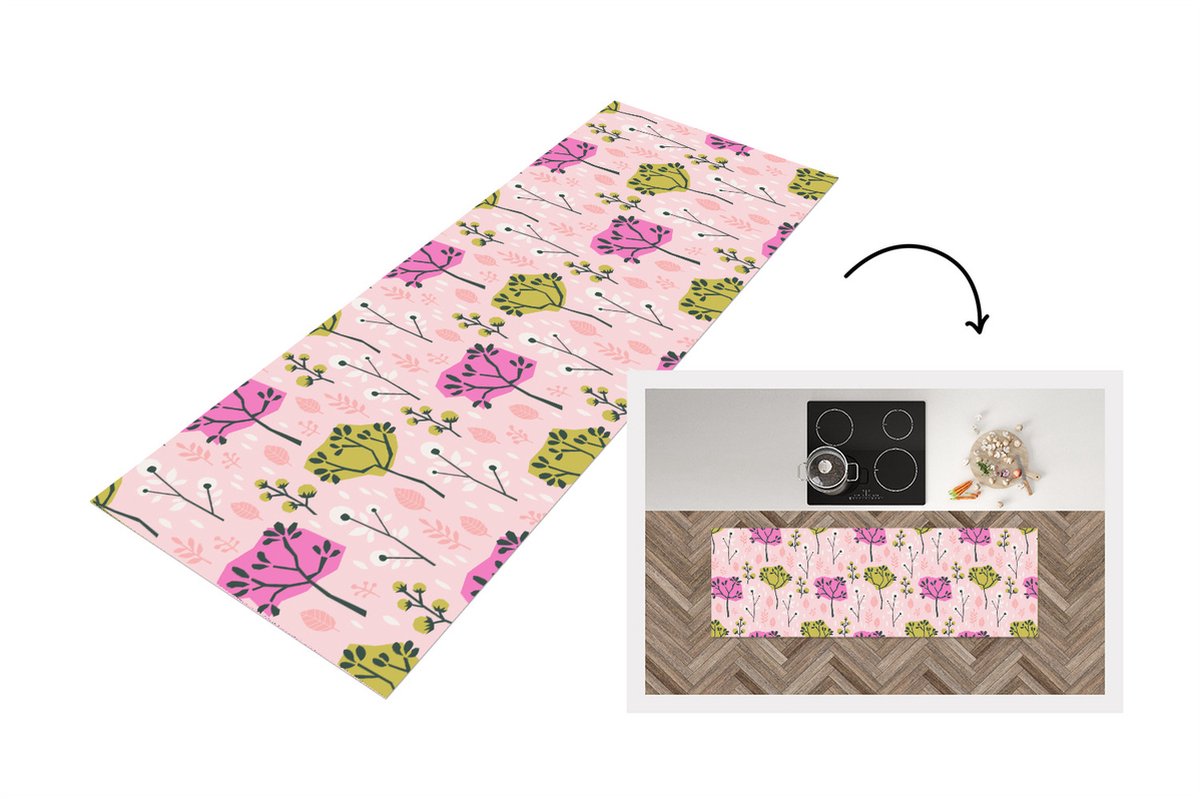 KitchenYeah Keukenloper - Loper keuken - Roze - Bomen - Bladeren - Design - 150x50 cm - Keukenloper vinyl Multicolor