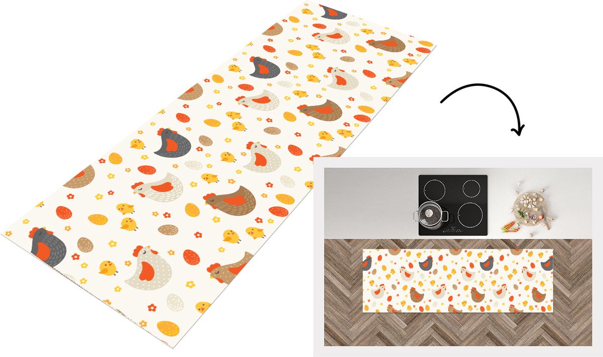 KitchenYeah Keukenloper - Loper keuken - Kip - Eieren - Patroon - 150x50 cm - Keukenloper vinyl Multicolor