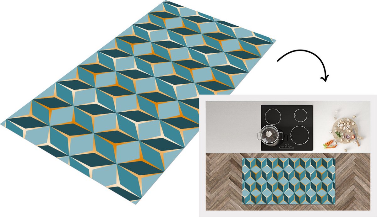 KitchenYeah Keukenloper - Loper keuken - Goud - Blauw - Patroon - Keukenloper vinyl, foto 6