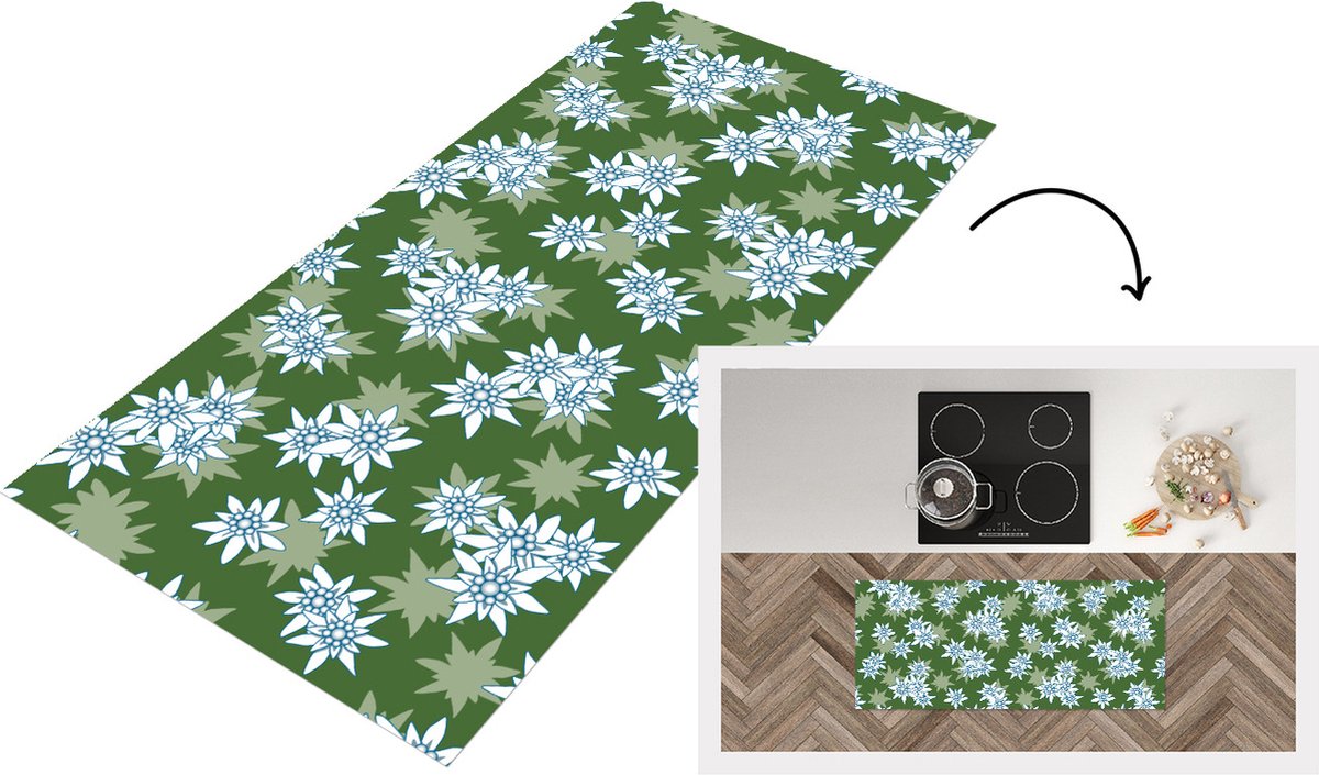 KitchenYeah Keukenloper - Loper keuken - Edelweiss - Groen - Bloemen - Patronen - Keukenloper vinyl Multicolor