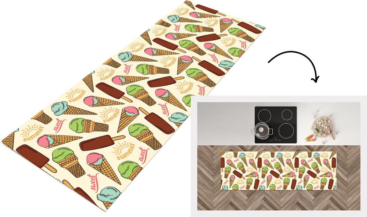 KitchenYeah Keukenloper - Loper keuken - Eten - Patroon - IJs - 180x60 cm - Keukenloper vinyl Multicolor