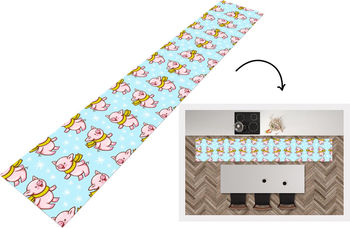 KitchenYeah Keukenloper - Loper keuken - Varken - Sjaal - Kinderen - Kerst - Patronen - 300x50 cm - Keukenloper vinyl Multicolor
