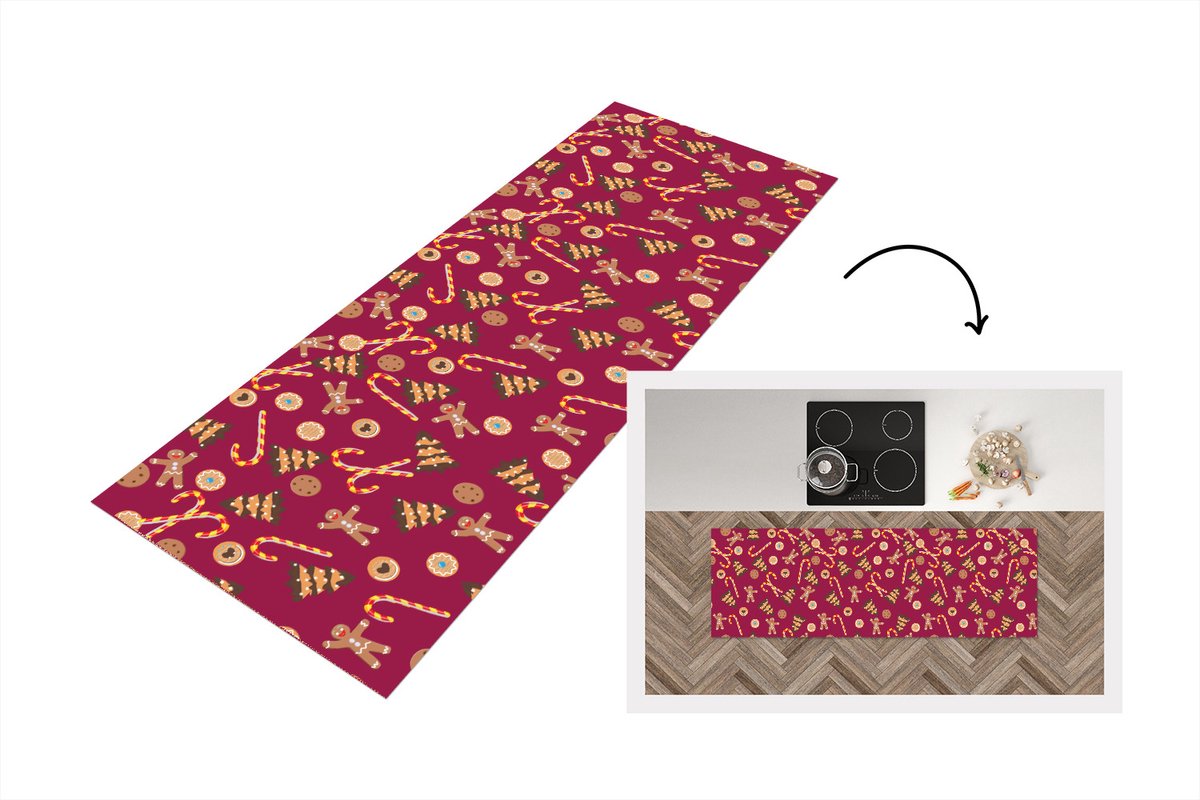 KitchenYeah Keukenloper - Loper keuken - Kerst - Zuurstok - Peperkoek - Patronen - 180x60 cm - Keukenloper vinyl Multicolor