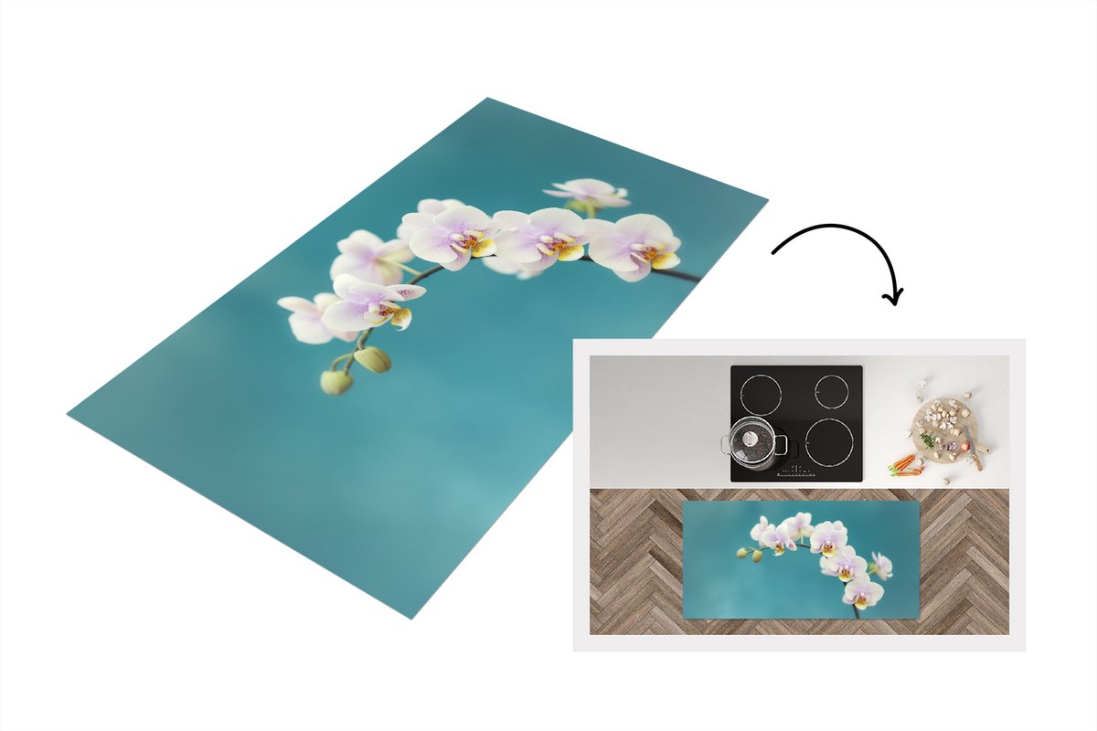 KitchenYeah Keukenloper - Loper keuken - Witte orchideeën op blauw - 120x60 cm - Keukenloper vinyl Multicolor