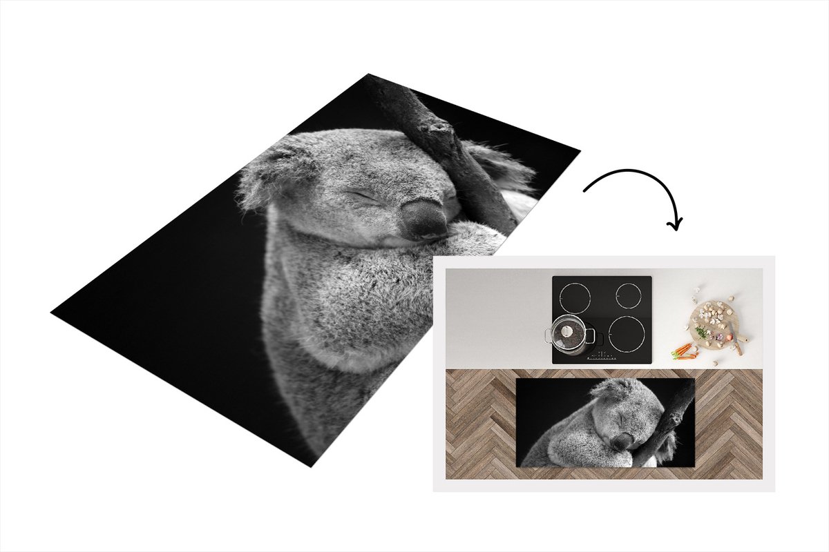 KitchenYeah Keukenloper - Loper keuken - Slapende koala op zwarte achtergrond in zwart-wit - 120x60 cm - Keukenloper vinyl Zwart; Wit