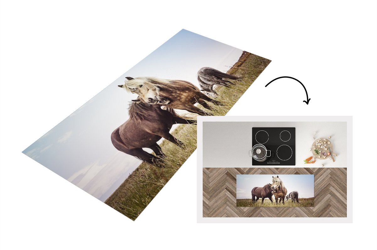 KitchenYeah Keukenloper - Loper keuken - Paarden - Gras - Lente - 120x50 cm - Keukenloper vinyl Multicolor