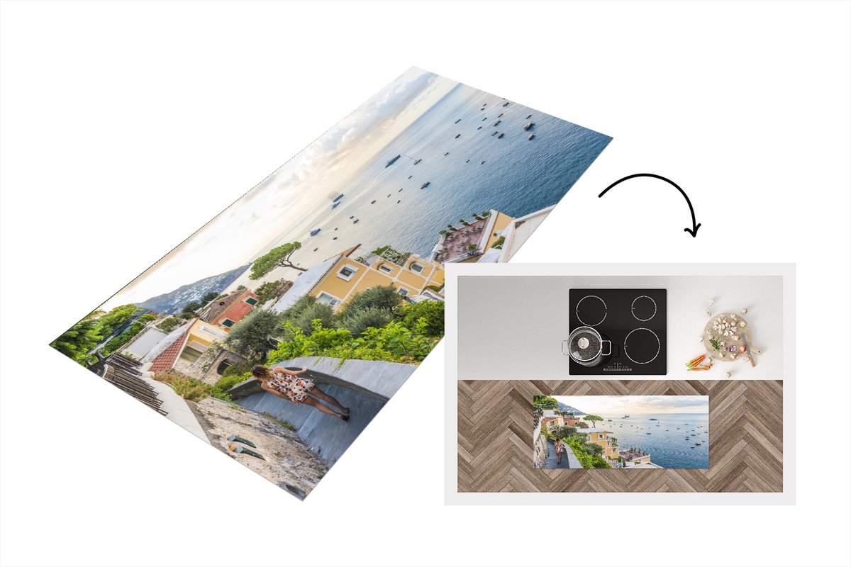 KitchenYeah Keukenloper - Loper keuken - Italië - Vrouw - Positano - Zee - 120x50 cm - Keukenloper vinyl Multicolor