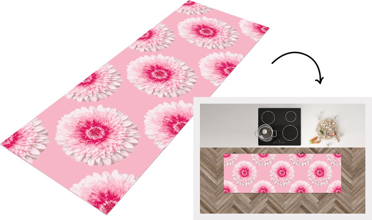 KitchenYeah Keukenloper - Loper keuken - Meiden - Bloem - Roze - Patronen - 150x50 cm - Keukenloper vinyl Multicolor
