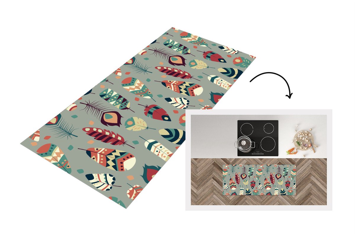 KitchenYeah Keukenloper - Loper keuken - Tieners - Veren - Patronen - 120x50 cm - Keukenloper vinyl Multicolor