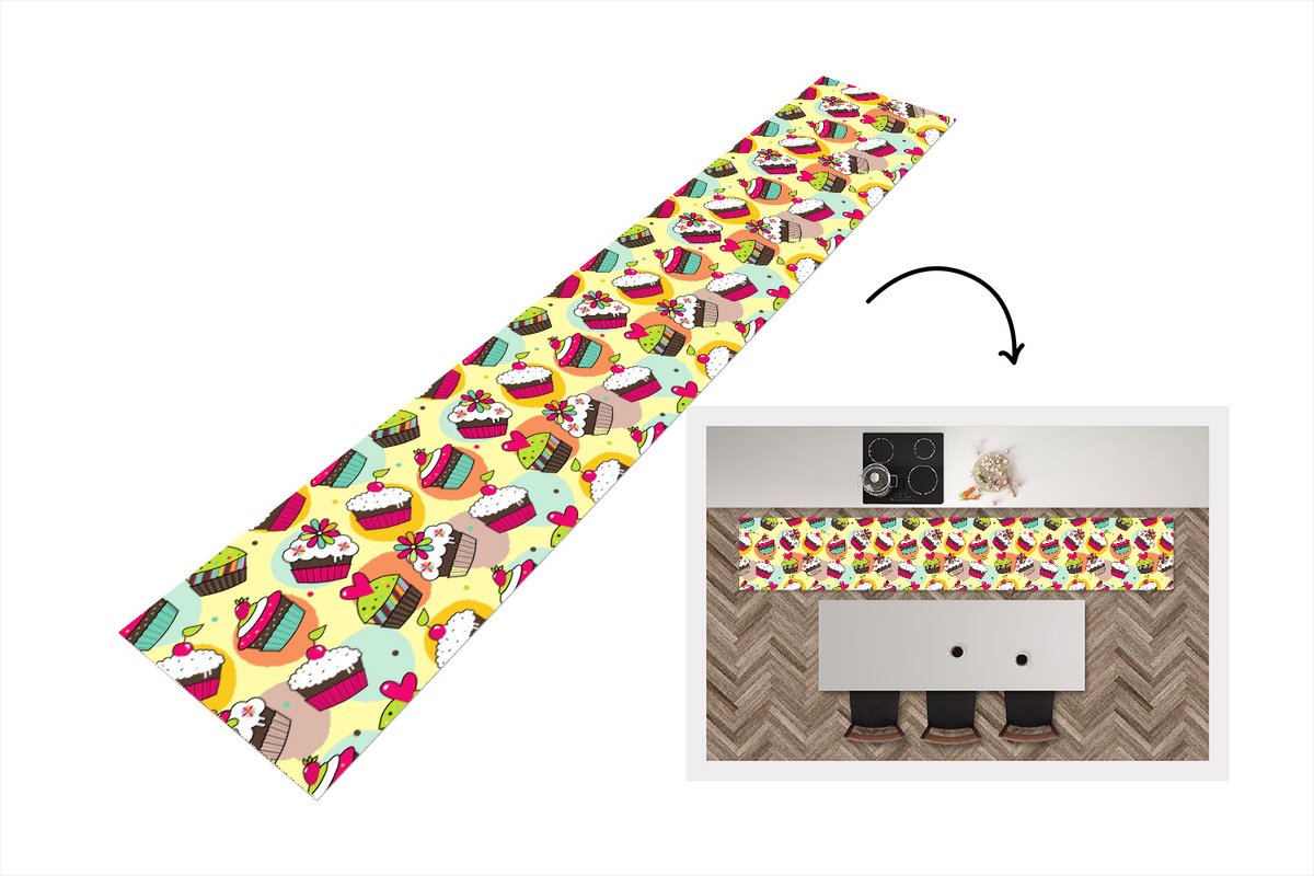 KitchenYeah Keukenloper - Loper keuken - Meisjes - Cupcake - Patronen - 300x50 cm - Keukenloper vinyl Multicolor