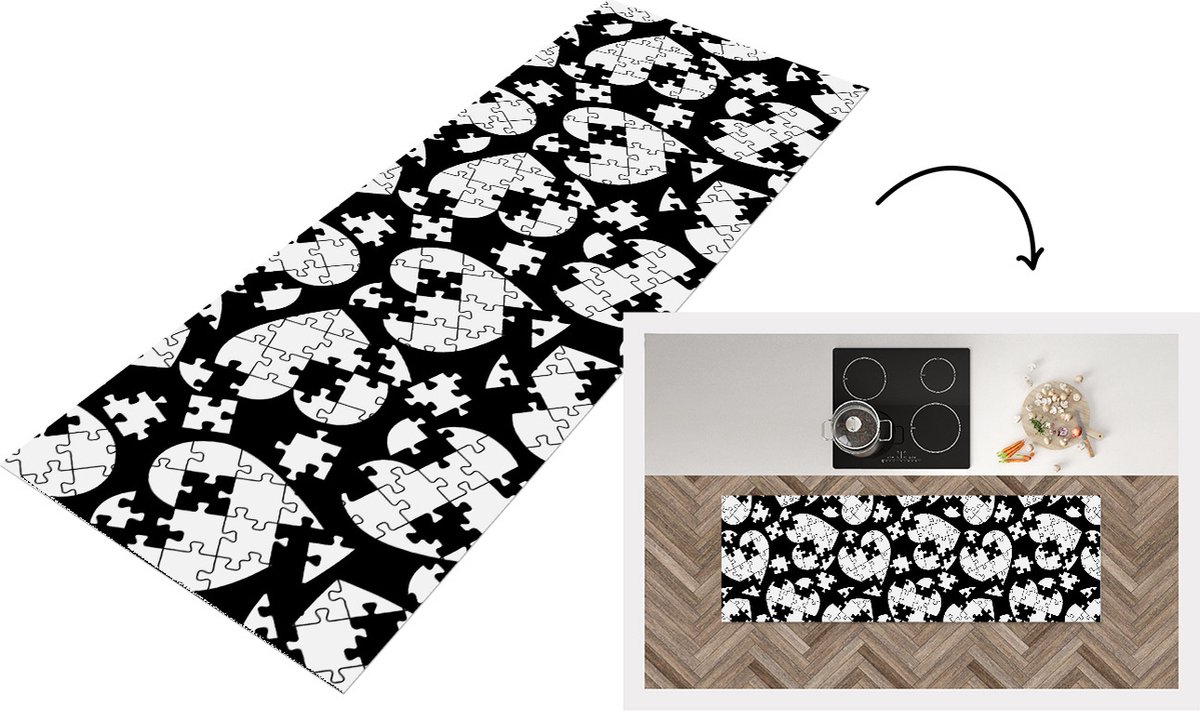 KitchenYeah Keukenloper - Loper keuken - Meiden - Puzzel - Hart - Patronen - 150x50 cm - Keukenloper vinyl Multicolor