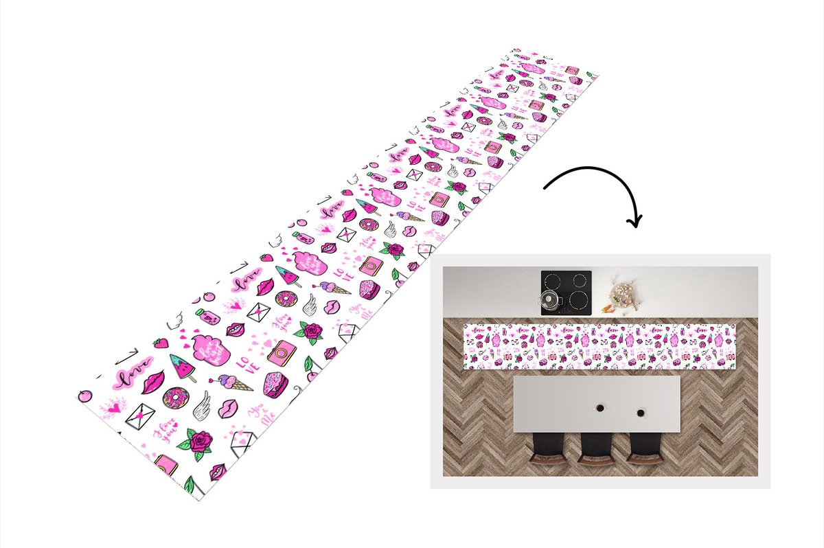 KitchenYeah Keukenloper - Loper keuken - Meiden - Liefde - IJs - Patronen - 300x50 cm - Keukenloper vinyl Multicolor