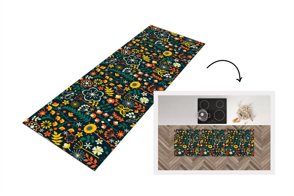 KitchenYeah Keukenloper - Loper keuken - Meisjes - Vlinder - Planten - Patronen - 150x50 cm - Keukenloper vinyl Multicolor