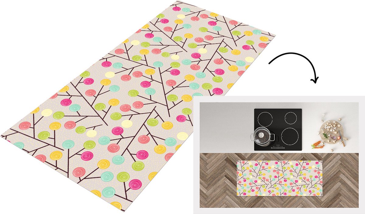 KitchenYeah Keukenloper - Loper keuken - Meisje - Lolly snoep - Boom - Patronen - 120x50 cm - Keukenloper vinyl Multicolor