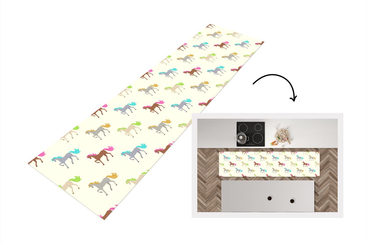KitchenYeah Keukenloper - Loper keuken - Meiden - Paarden - Patronen - 240x60 cm - Keukenloper vinyl Multicolor