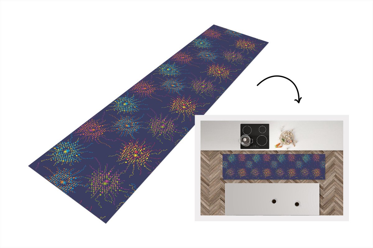 KitchenYeah Keukenloper - Loper keuken - Vuurwerk - Digitaal - Patronen - 200x50 cm - Keukenloper vinyl Multicolor