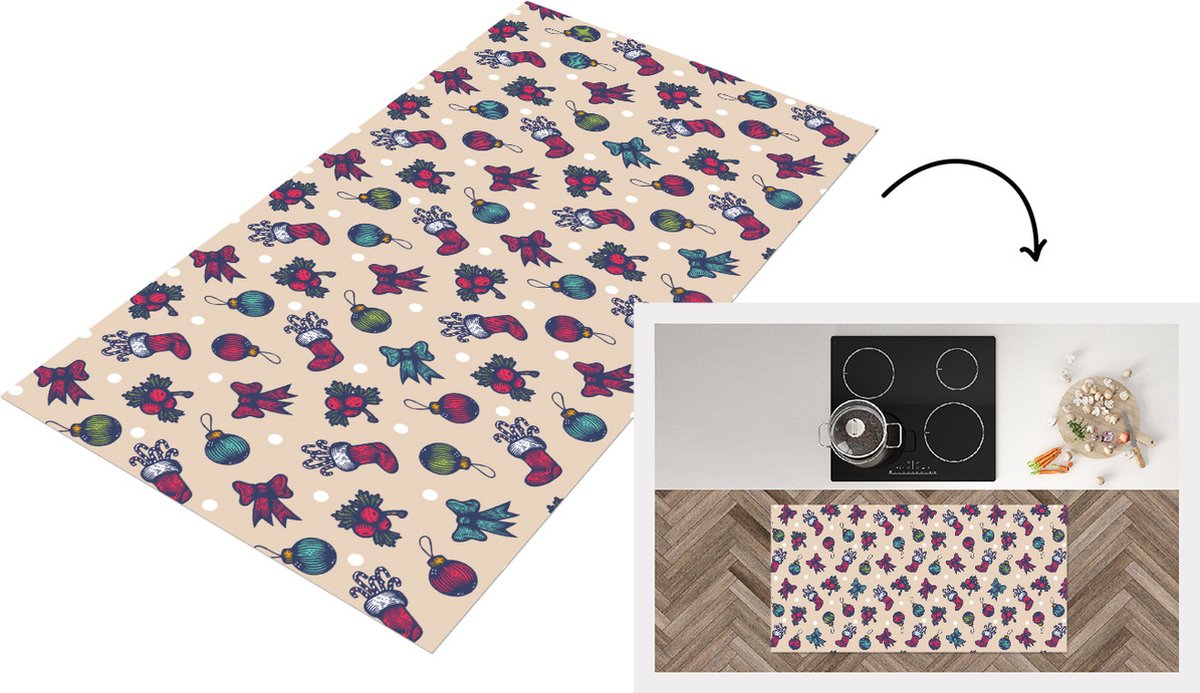 KitchenYeah Keukenloper - Loper keuken - Patronen - Kerst - Kerstballen - Strik - 120x60 cm - Keukenloper vinyl Multicolor