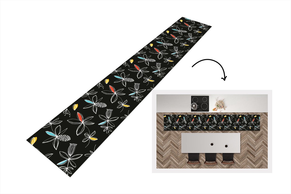 KitchenYeah Keukenloper - Loper keuken - Bloemen - Line Art - Patronen - 300x50 cm - Keukenloper vinyl Multicolor