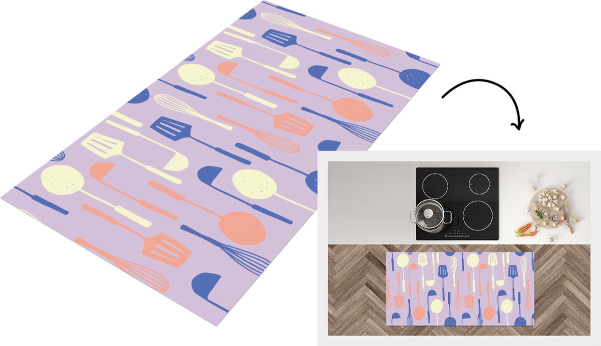 KitchenYeah Keukenloper - Loper keuken - Patronen - Keukengerei - Spatel - Garde - 120x60 cm - Keukenloper vinyl Multicolor