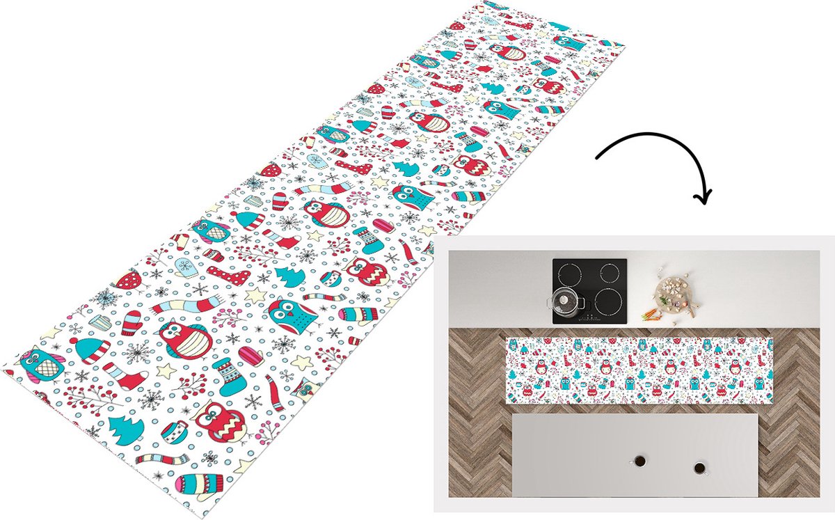 KitchenYeah Keukenloper - Loper keuken - Patronen - Uil - Kerst - 240x60 cm - Keukenloper vinyl Multicolor
