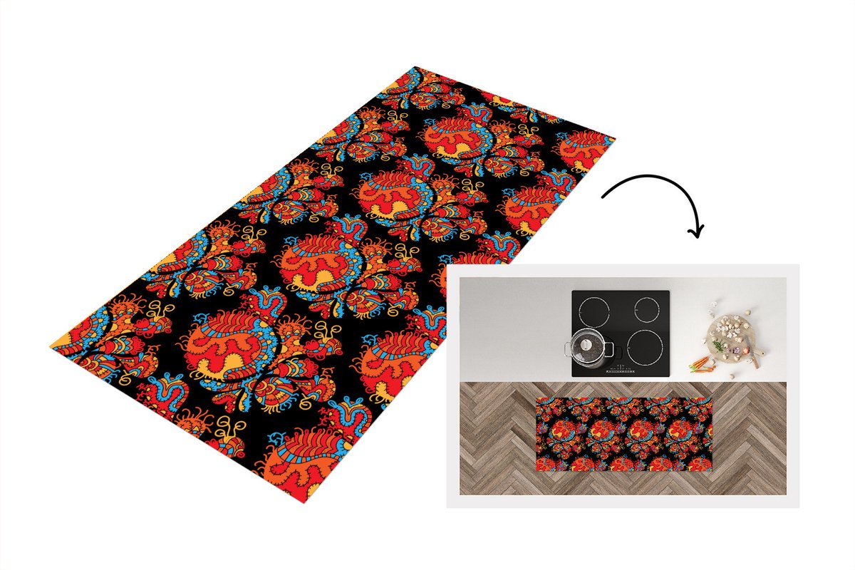 KitchenYeah Keukenloper - Loper keuken - Draak - Patronen - Oud en Nieuw - 120x50 cm - Keukenloper vinyl Multicolor