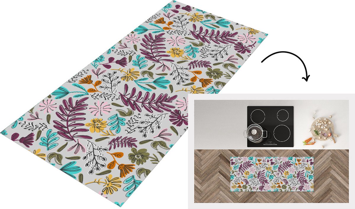 KitchenYeah Keukenloper - Loper keuken - Bloemen - Bladeren - Patroon - 120x50 cm - Keukenloper vinyl Multicolor