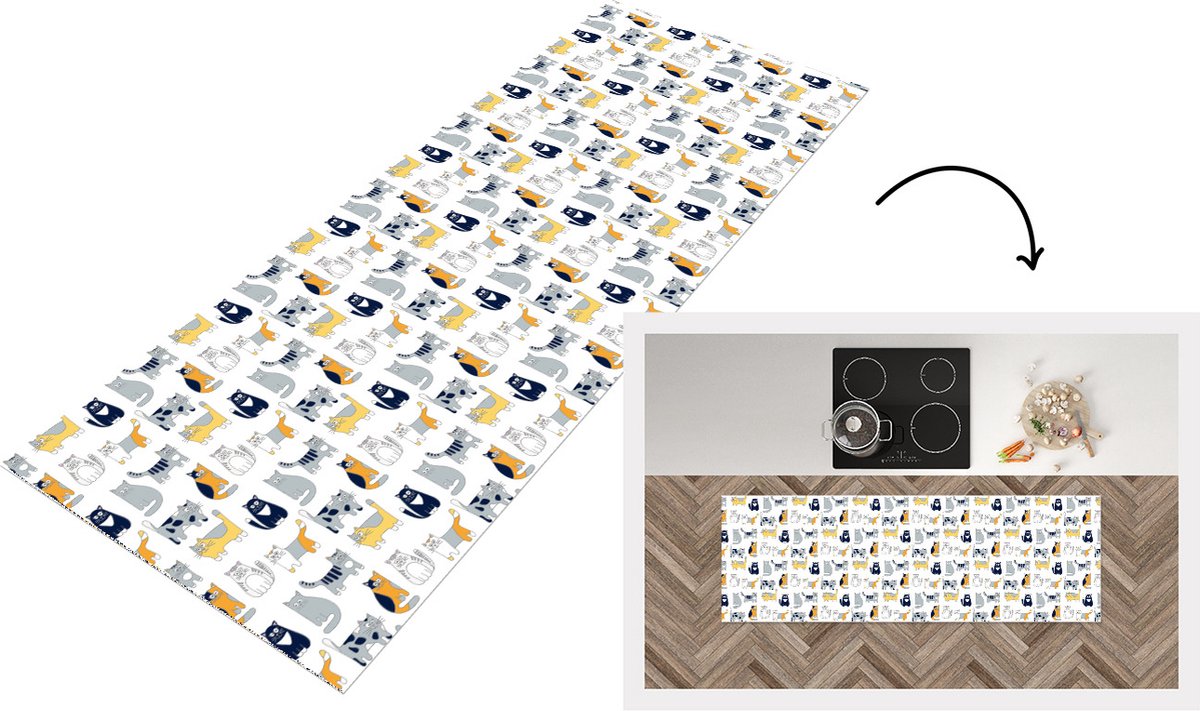 KitchenYeah Keukenloper - Loper keuken - Patroon - Kat - Poes - 180x60 cm - Keukenloper vinyl Multicolor
