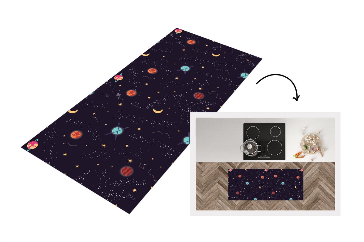 KitchenYeah Keukenloper - Loper keuken - Planeten - Sterren - Patronen - 120x50 cm - Keukenloper vinyl Multicolor