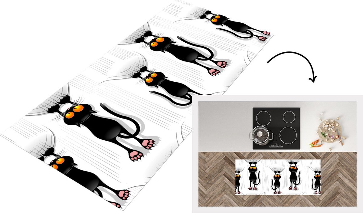 KitchenYeah Keukenloper - Loper keuken - Patroon - Kat - Zwart - 120x50 cm - Keukenloper vinyl Multicolor