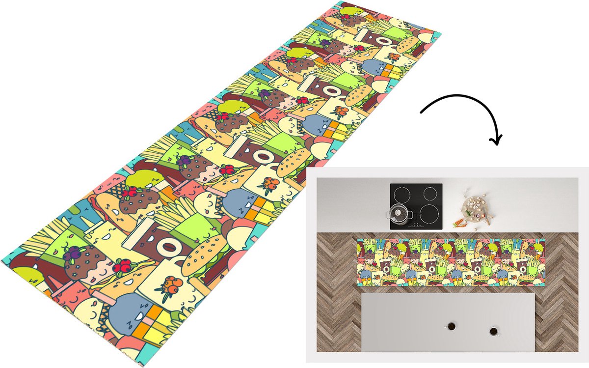 KitchenYeah Keukenloper - Loper keuken - Kawaii - Patronen - Fast Food - 240x60 cm - Keukenloper vinyl Multicolor