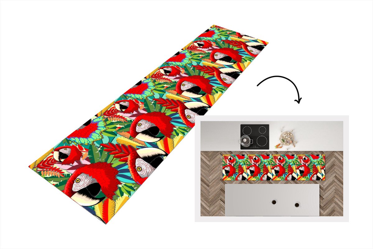 KitchenYeah Keukenloper - Loper keuken - Jungle - Papegaai - Vogels - Design - 200x50 cm - Keukenloper vinyl Multicolor
