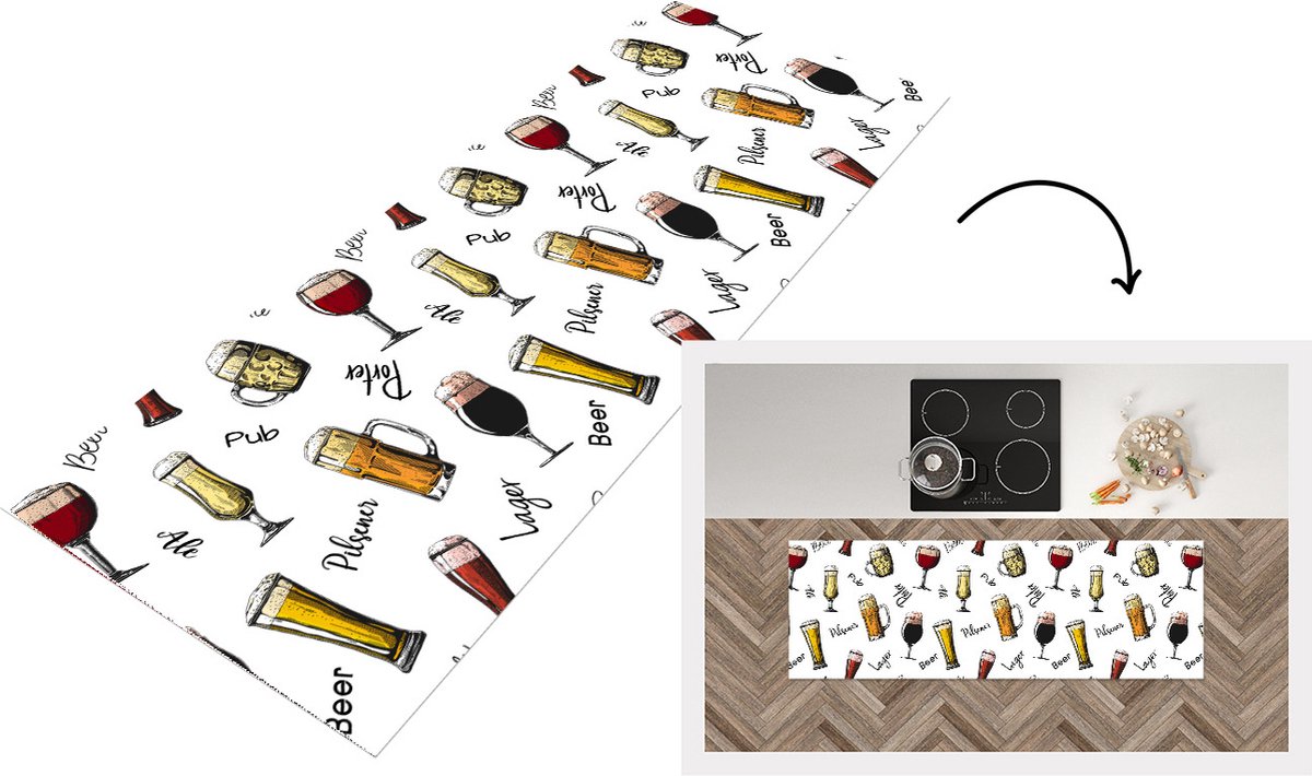 KitchenYeah Keukenloper - Loper keuken - Bier - Glazen - Patroon - 180x60 cm - Keukenloper vinyl Multicolor
