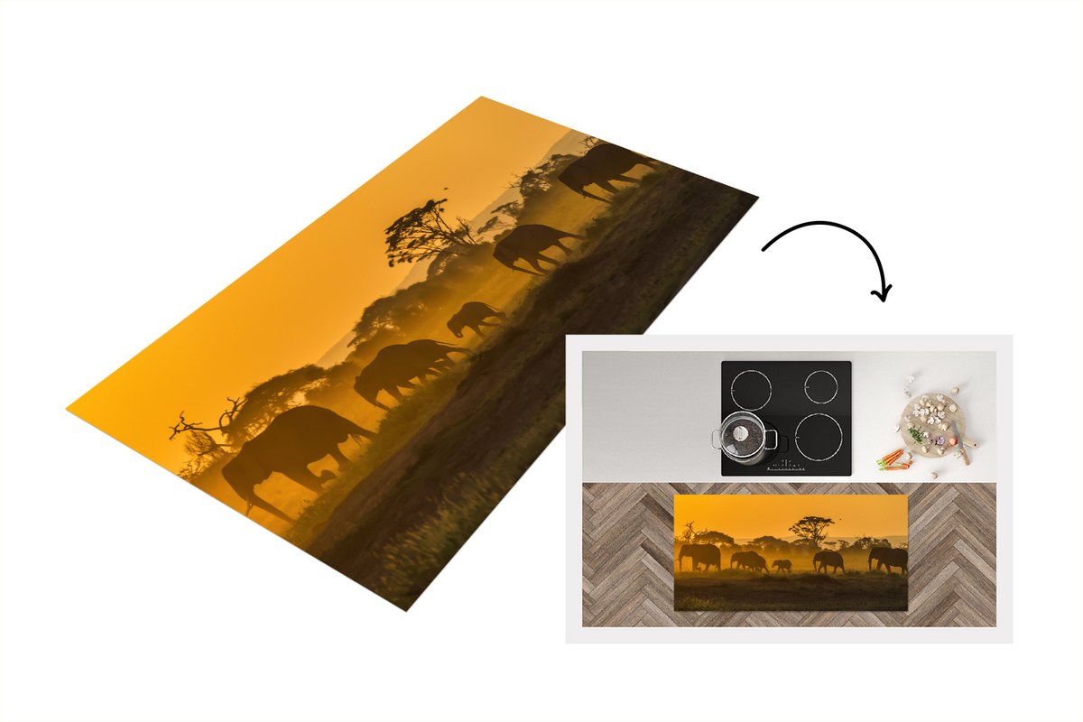 KitchenYeah Keukenloper - Loper keuken - Kudde olifanten bij zonsopkomst - 120x60 cm - Keukenloper vinyl Multicolor