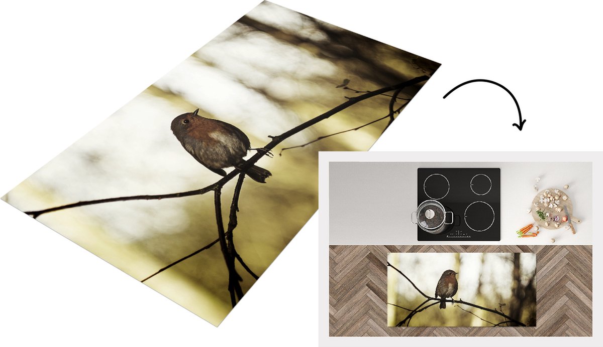 KitchenYeah Keukenloper - Loper keuken - Natuur - Roodborstje - Tak - 120x60 cm - Keukenloper vinyl Multicolor