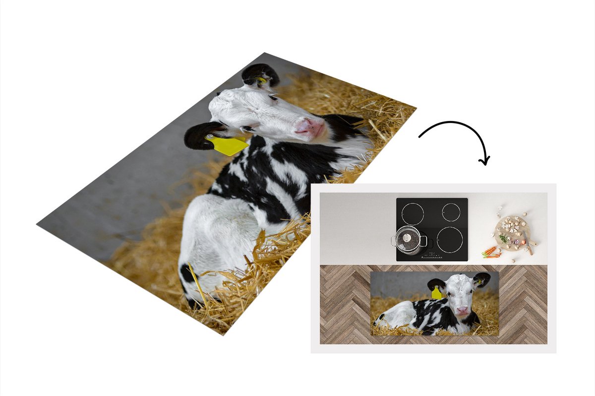KitchenYeah Keukenloper - Loper keuken - Koe - Stro - Kalf - Dier - 120x60 cm - Keukenloper vinyl Multicolor