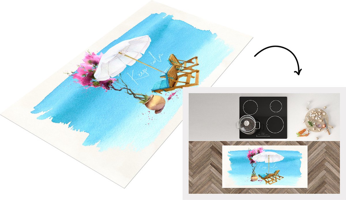 Keukenloper - Loper keuken - Strandstoel - Parasol - Bloemen - Aquarel - 120x60 cm - Keukenloper vinyl