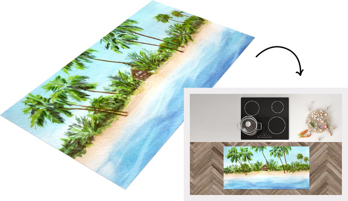 KitchenYeah Keukenloper - Loper keuken - Zee - Hut - Palmboom - 120x60 cm - Keukenloper vinyl Multicolor
